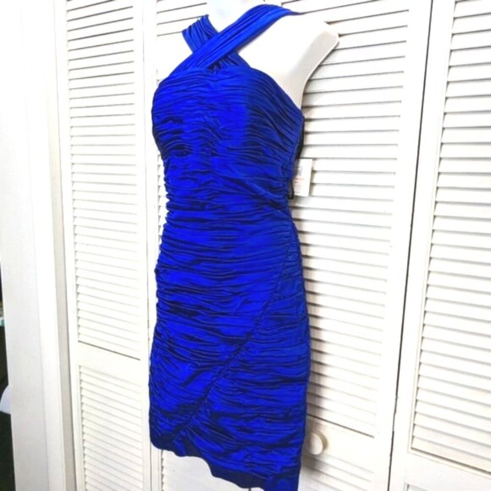 SOLDCalvin Klein Bodycon Wiggle Dress Sz 10 Royal Blue Satin NWT Ruched - Picture 2 of 13